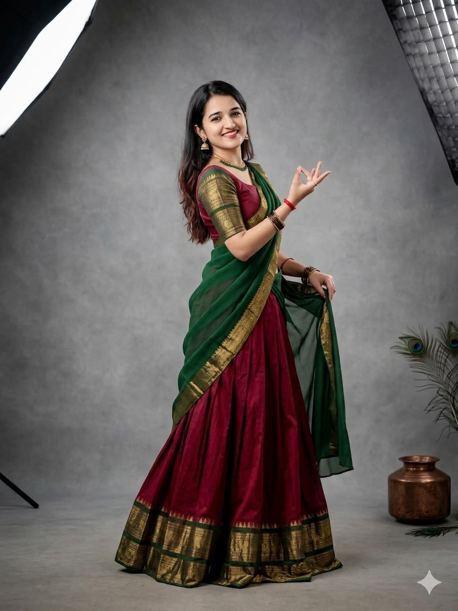 Ethnic Wine and Green Silk Lehenga Choli Set with Traditional Zari Work and Voni