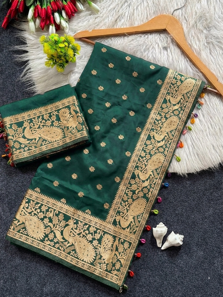 Emerald Green Banarasi Silk Saree with Traditional Gold Zari Border