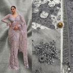 Noir Starlight: Jet Black Georgette Saree with Intricate Gold Mirror-Work