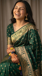 Emerald Green Banarasi Silk Saree with Traditional Gold Zari Border