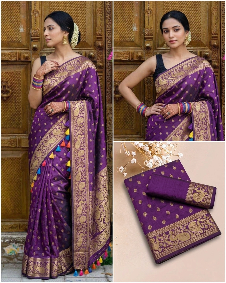Royal Purple Banarasi Silk Saree with Gold Zari Peacock Border