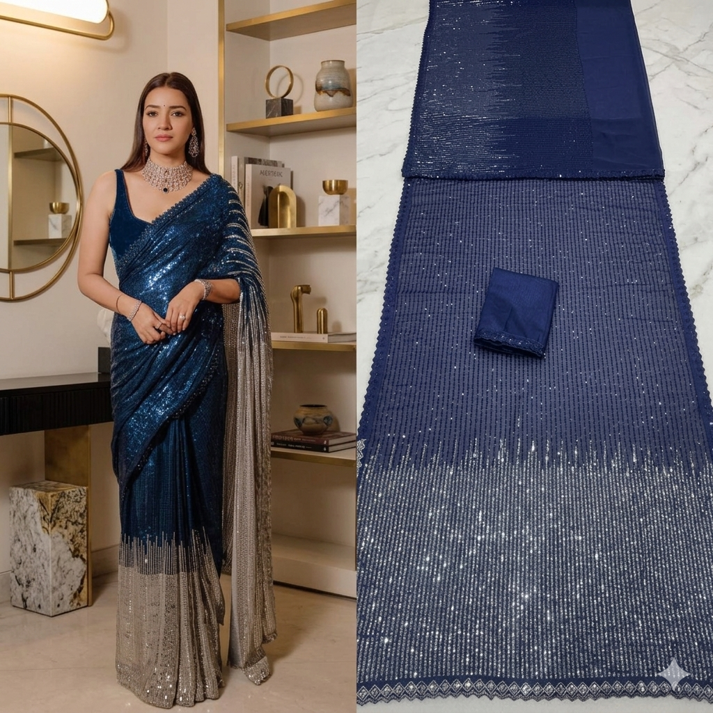 Navy Blue Ombre Sequin Saree with Silver Gradient and Designer Blouse