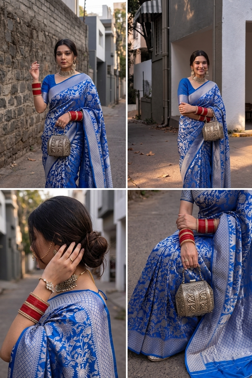 Elegant Royal Blue Traditional Saree Look