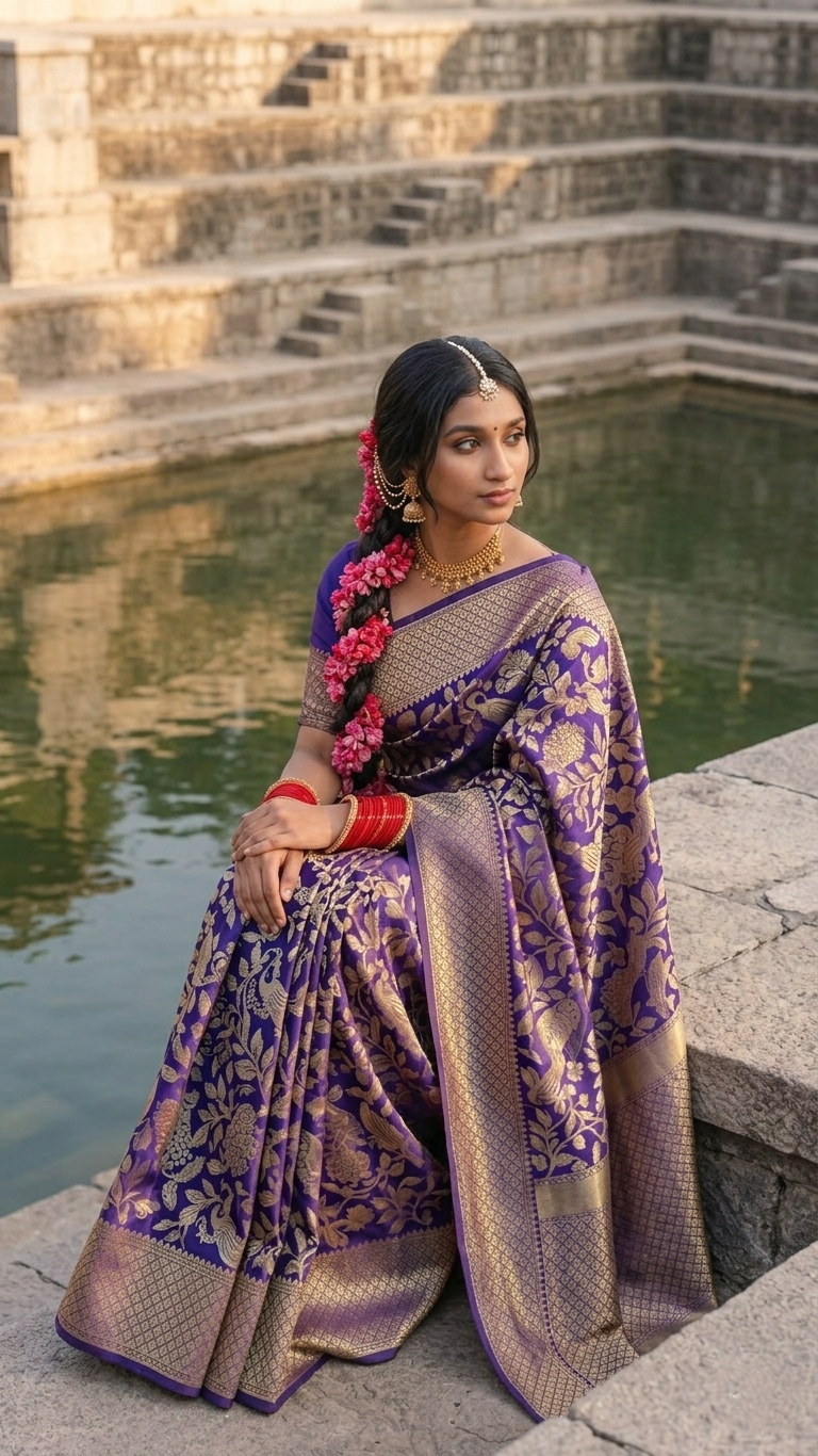 Elegant Purple Banarasi Saree Ensemble