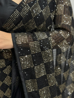 Black Georgette Saree with Linear Sequin Embroidery and Checkerboard Accents