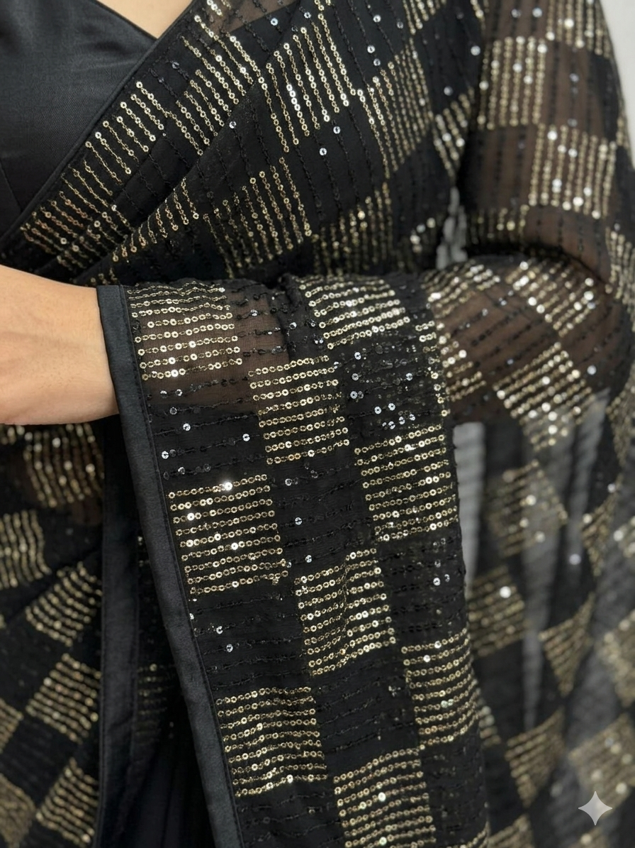 Black Georgette Saree with Linear Sequin Embroidery and Checkerboard Accents