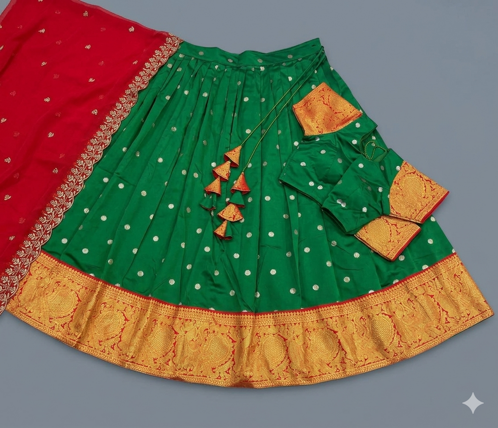 Emerald Green Silk Lehenga with Gold Zari & Crimson Red Dupatta