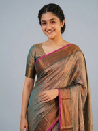 Elegant Metallic Grey Silk Saree with Maroon Border