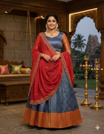 Royal Blue Banarasi Silk Lehenga with Rich Gold Zari & Crimson Red Dupatta