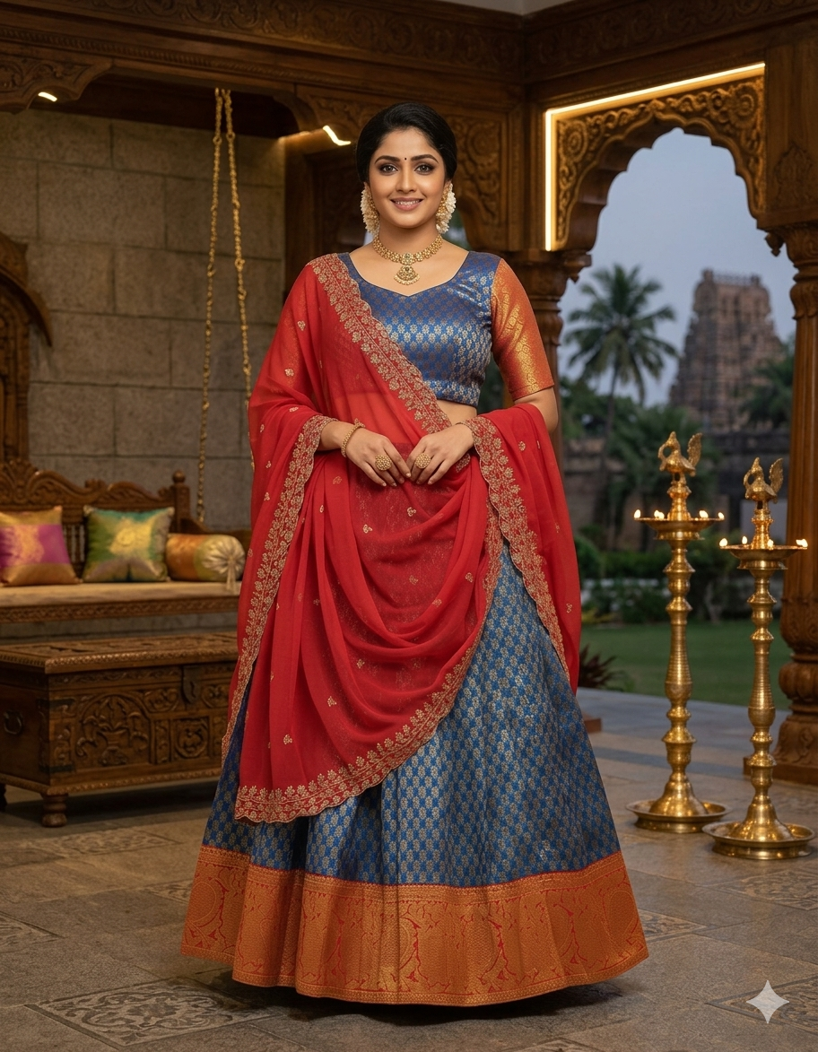 Royal Blue Banarasi Silk Lehenga with Rich Gold Zari & Crimson Red Dupatta