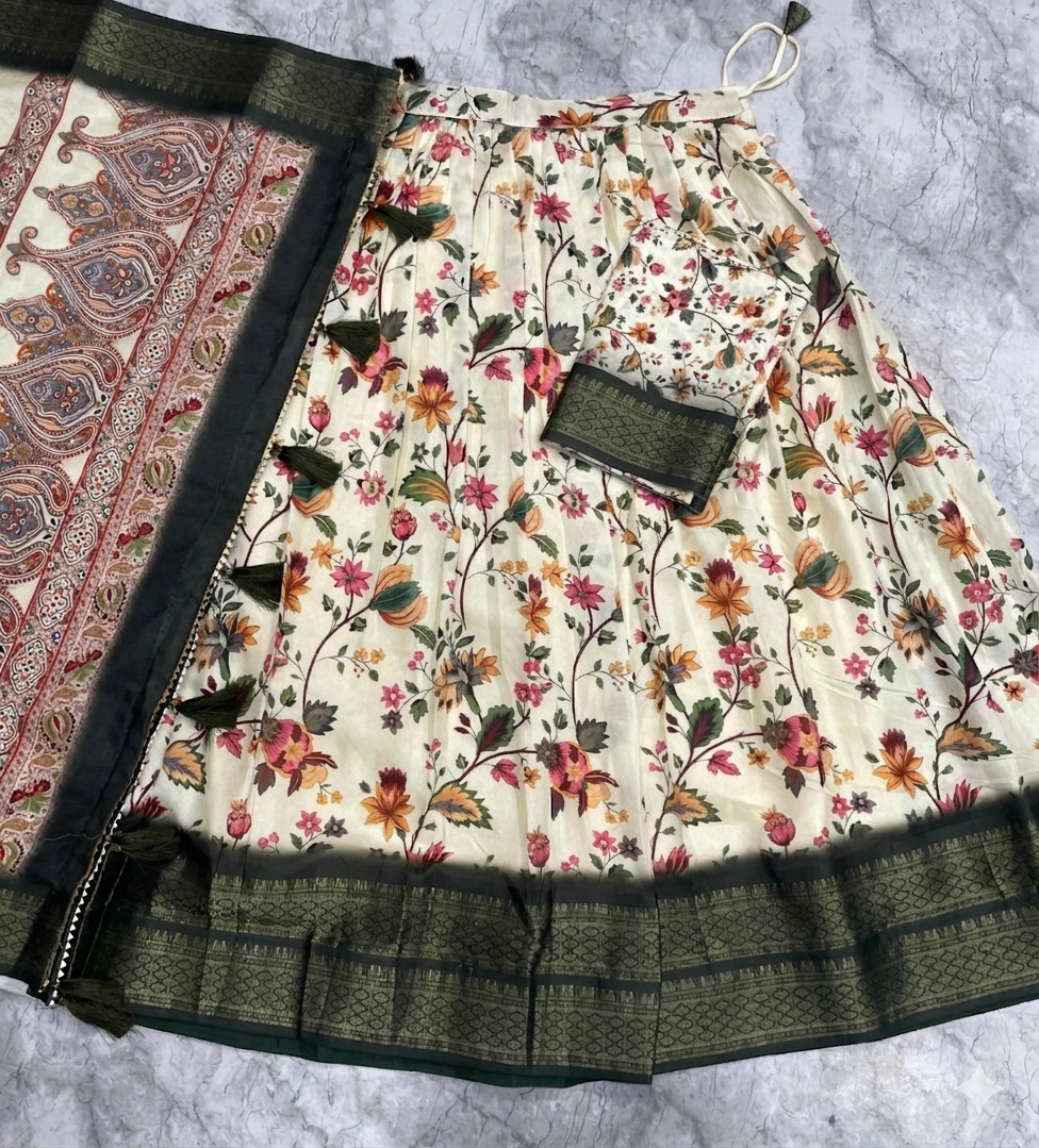 Cream Floral Kalamkari Pattu Half Saree Set with Rich Wine-Purple Borders and Tassels