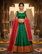 Emerald Green Silk Lehenga with Gold Zari & Crimson Red Dupatta
