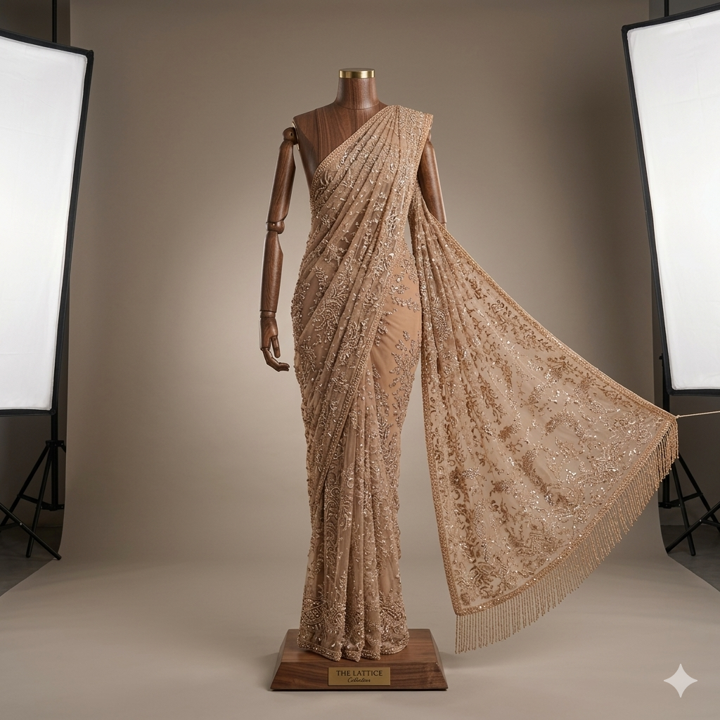 A luxurious ochre gold net saree adorned with dense floral embroidery