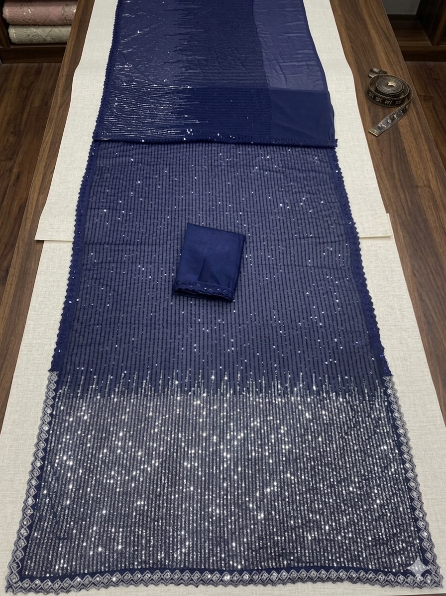 Navy Blue Ombre Sequin Saree with Silver Gradient and Designer Blouse