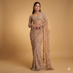 A luxurious ochre gold net saree adorned with dense floral embroidery