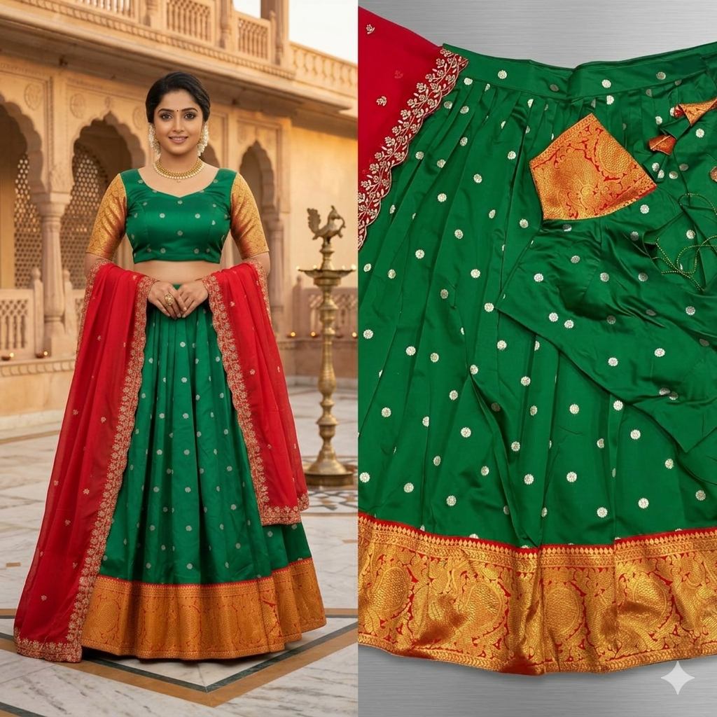 Emerald Green Silk Lehenga with Gold Zari & Crimson Red Dupatta