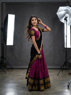 Traditional Magenta and Black Silk Langa Voni | Half Saree with Gold Zari Elephant Border