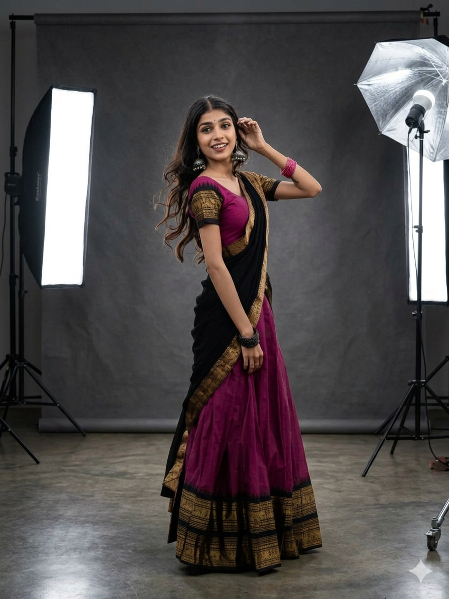 Traditional Magenta and Black Silk Langa Voni | Half Saree with Gold Zari Elephant Border