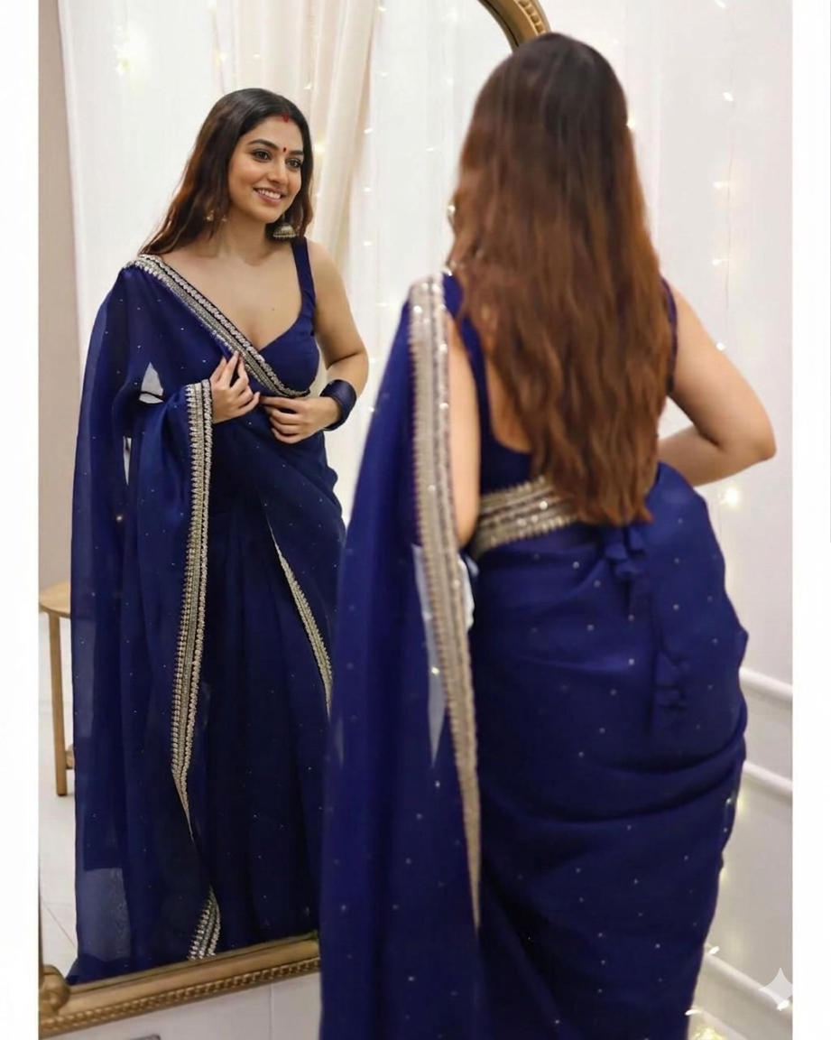 Elegant Navy Blue Embellished Saree with Silver Border Detailing