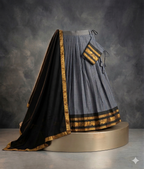 Charcoal Grey & Black Pleated Lehenga with Gold Peacock Zari Border