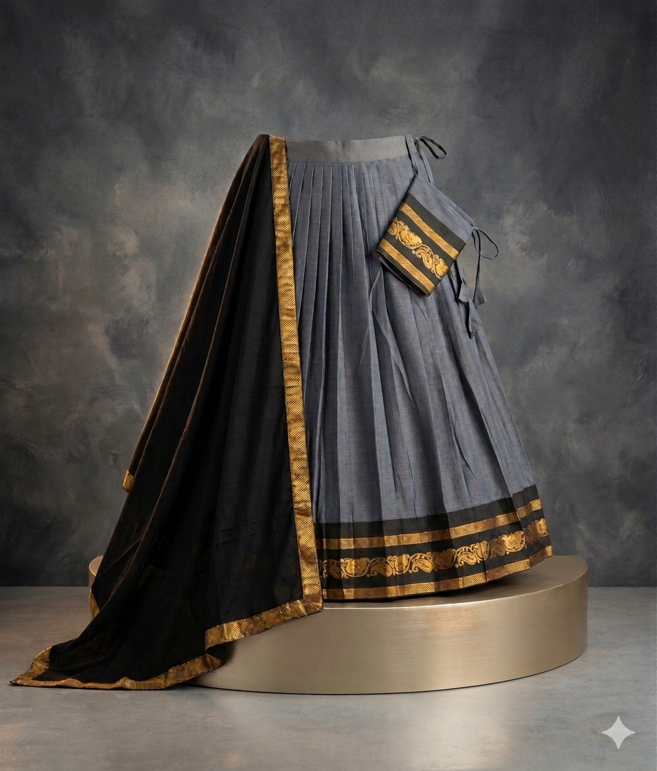Charcoal Grey & Black Pleated Lehenga with Gold Peacock Zari Border