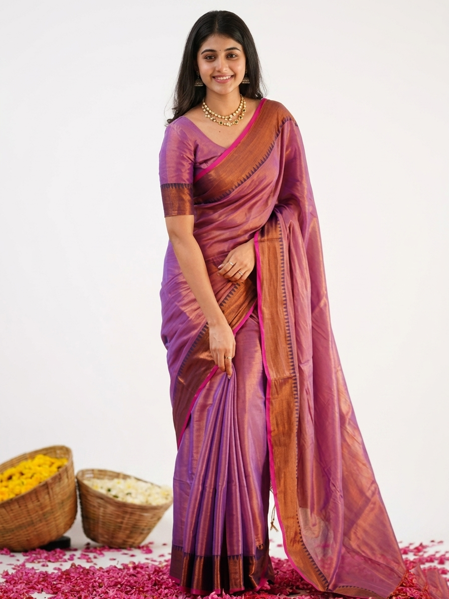 Elegant Purple Silk Saree with Copper Zari Border