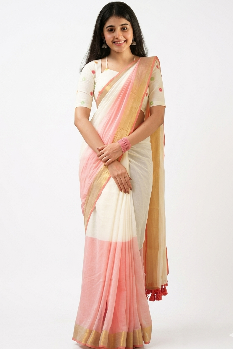 Graceful Cream & Peach Handloom Cotton Saree