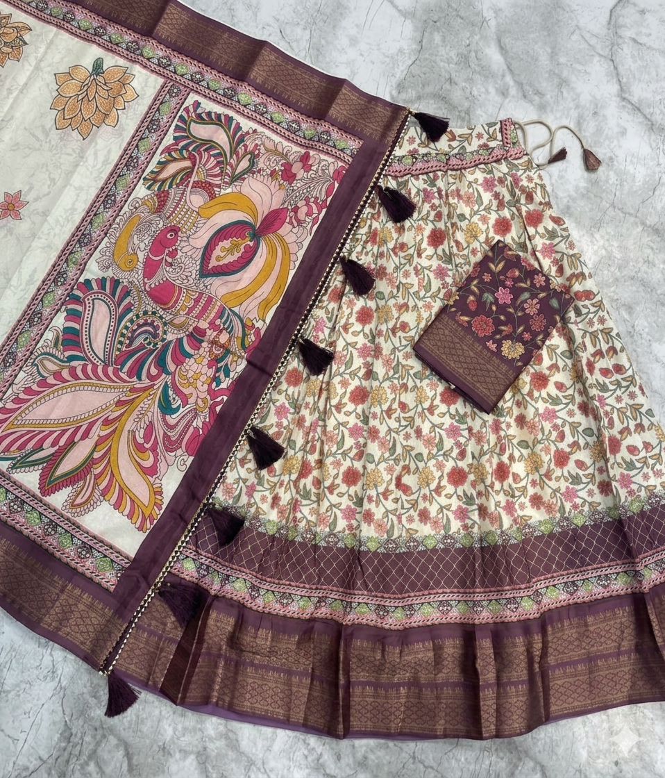 Cream Patola Lehenga with Detailed Kalamkari Peacock Pallu and Rich Purple Zari Borders