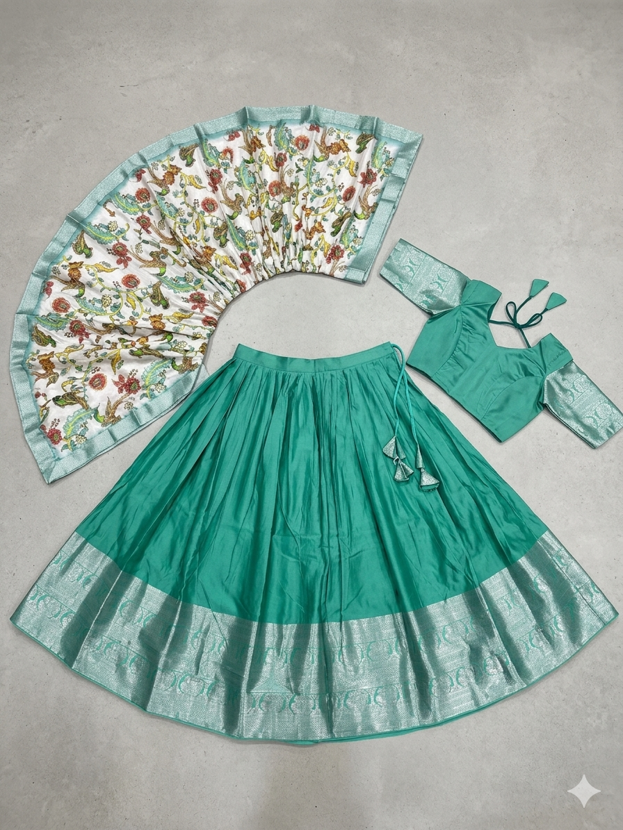 Teal Sea-Green Silk Langa Voni with Traditional Kalamkari