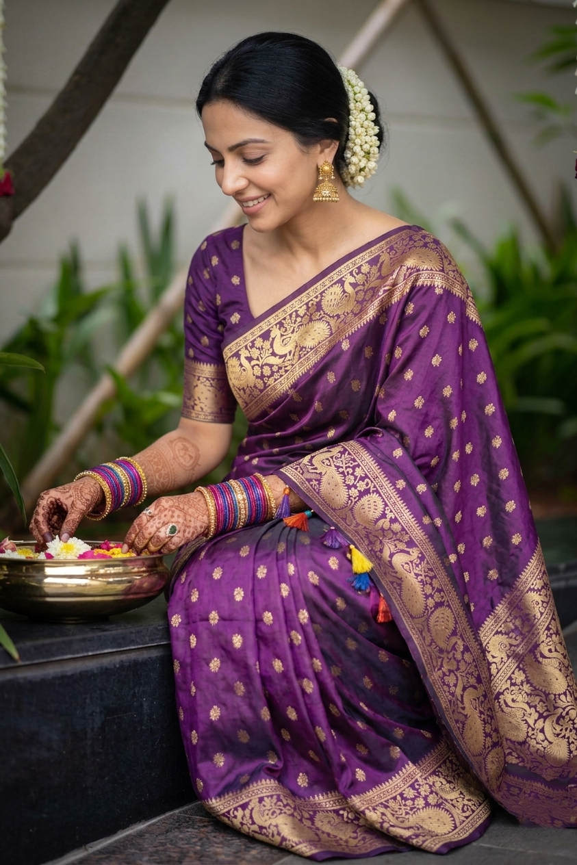 Royal Purple Banarasi Silk Saree with Gold Zari Peacock Border