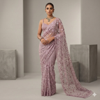 Silver Mist Tonal Embroidered Saree with Couture Feather Accents