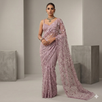 Silver Mist Tonal Embroidered Saree with Couture Feather Accents