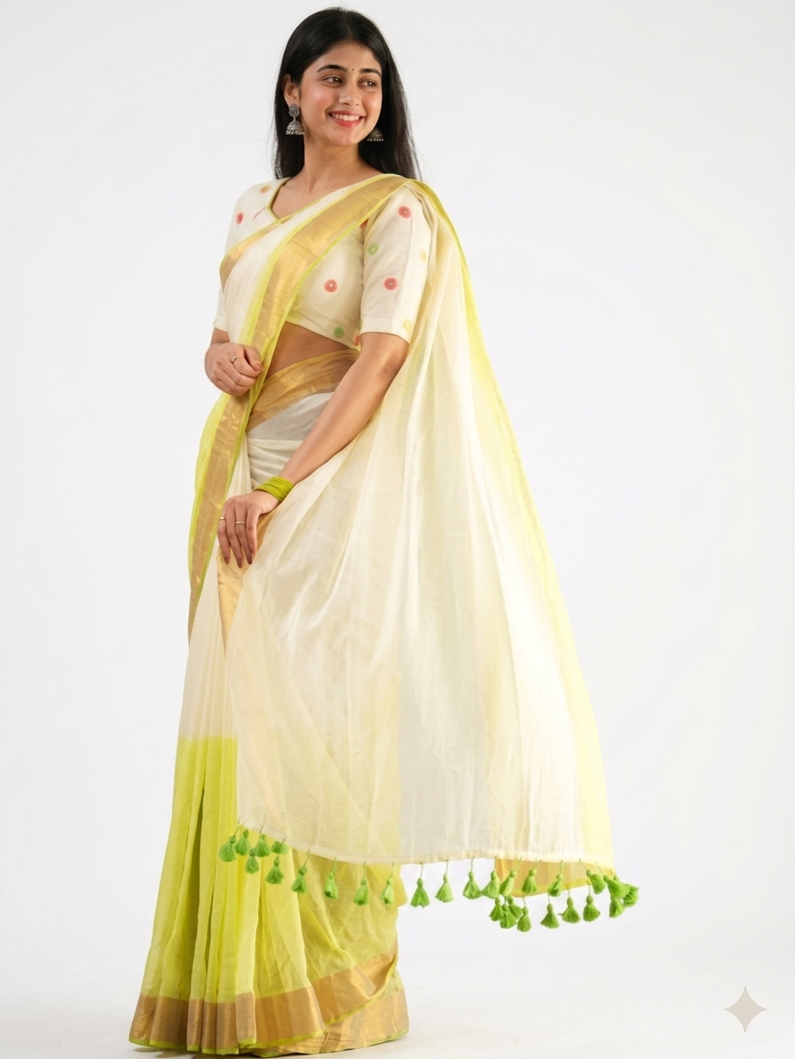 Elegant Cream & Lime Green Handloom Cotton Saree