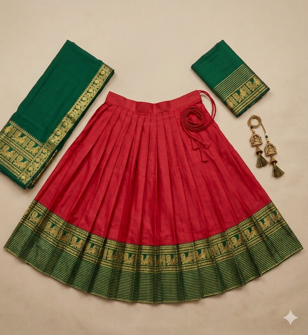 Vibrant Red Silk Lehenga with Contrast Green Ethnic Border