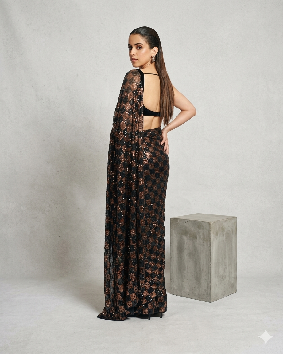 Black Georgette Saree with Linear Sequin Embroidery and Checkerboard Accents