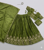 Olive Green pleated Silk Lehenga Set with Peacock and Floral Zari Embroidery