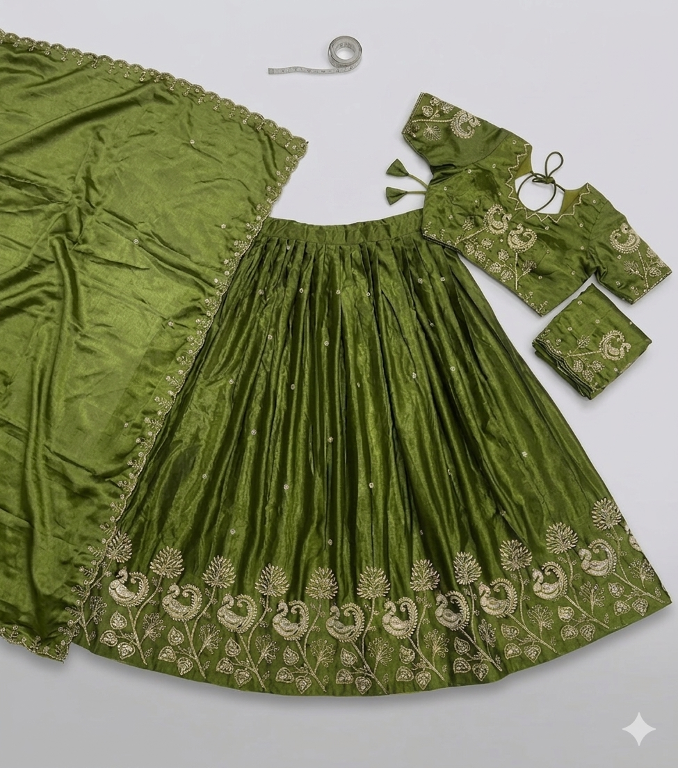 Olive Green pleated Silk Lehenga Set with Peacock and Floral Zari Embroidery