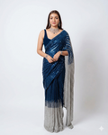 Navy Blue Ombre Sequin Saree with Silver Gradient and Designer Blouse