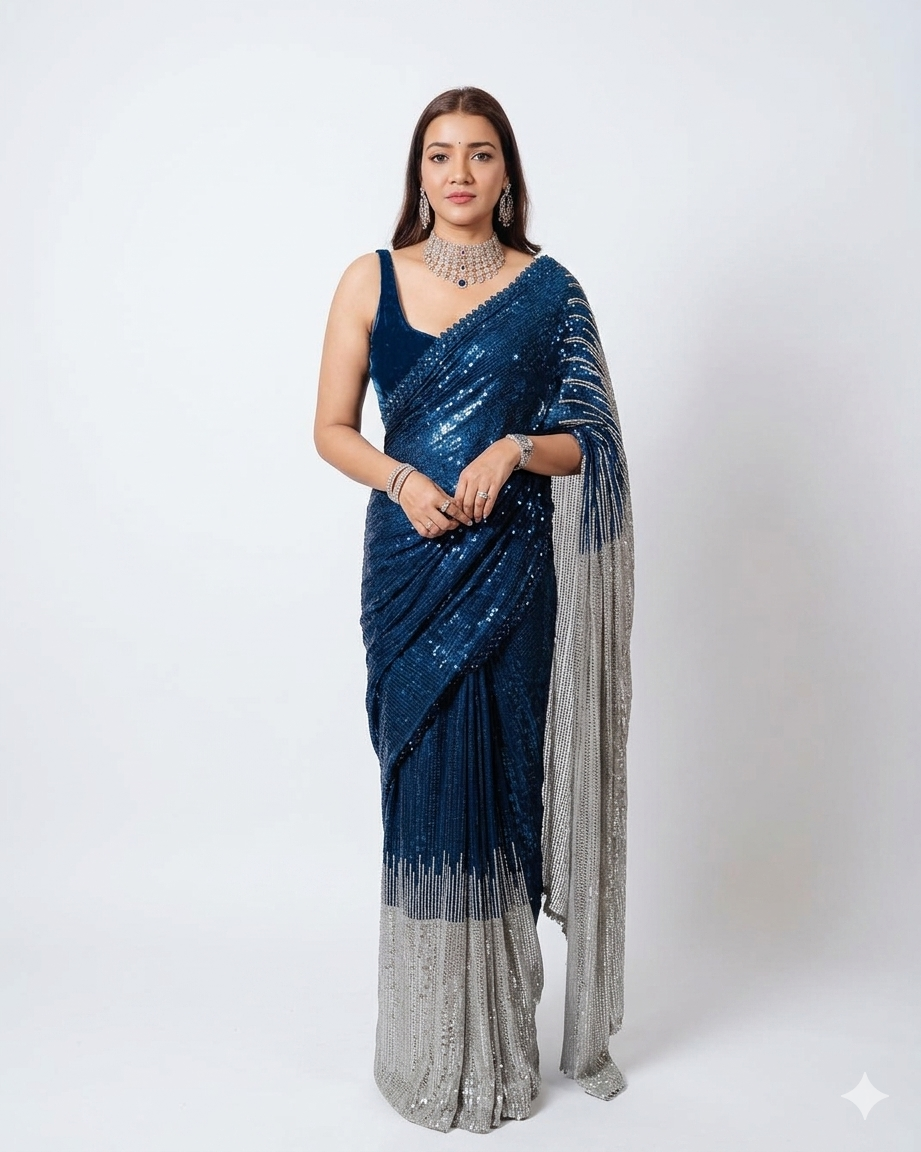 Navy Blue Ombre Sequin Saree with Silver Gradient and Designer Blouse