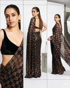 Black Georgette Saree with Linear Sequin Embroidery and Checkerboard Accents
