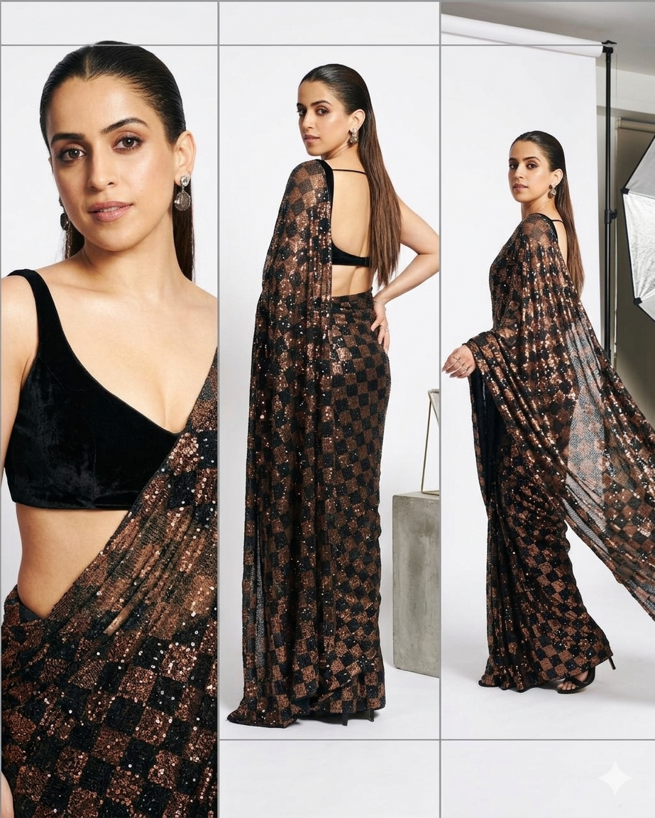 Black Georgette Saree with Linear Sequin Embroidery and Checkerboard Accents