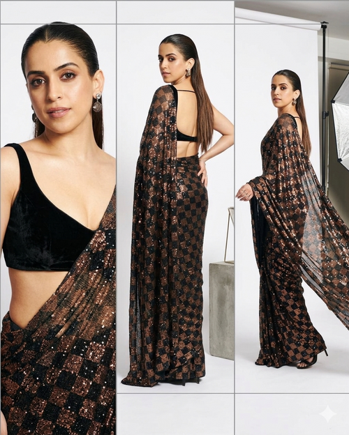 Black Georgette Saree with Linear Sequin Embroidery and Checkerboard Accents