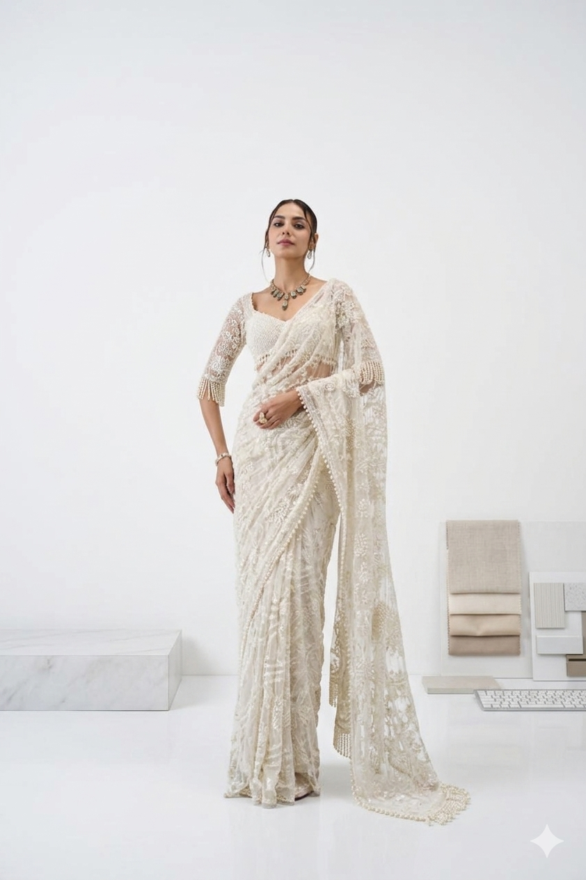 Pearl-White Net Saree with Intricate Tonal Embroidery and Scalloped Pearl Border