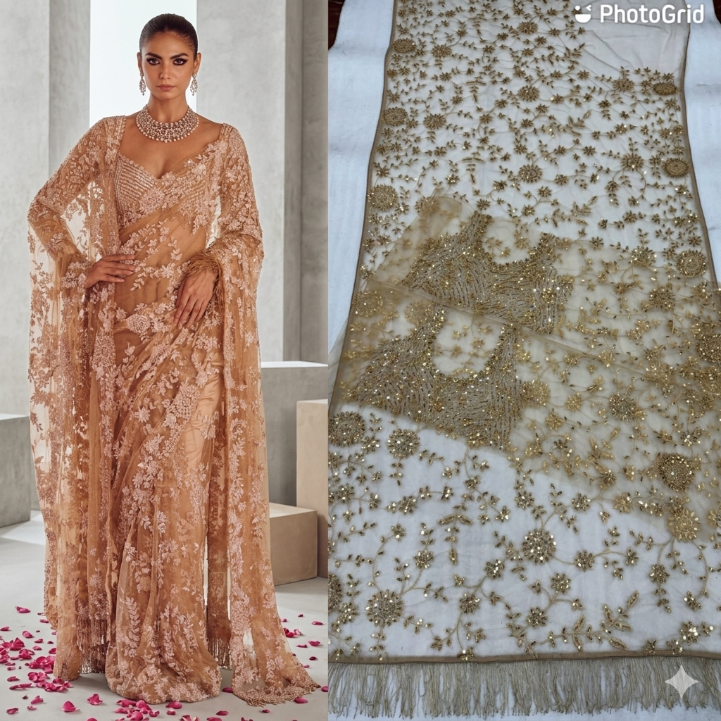 Ethereal Mint Green Embroidered Saree with Scalloped Lace Border
