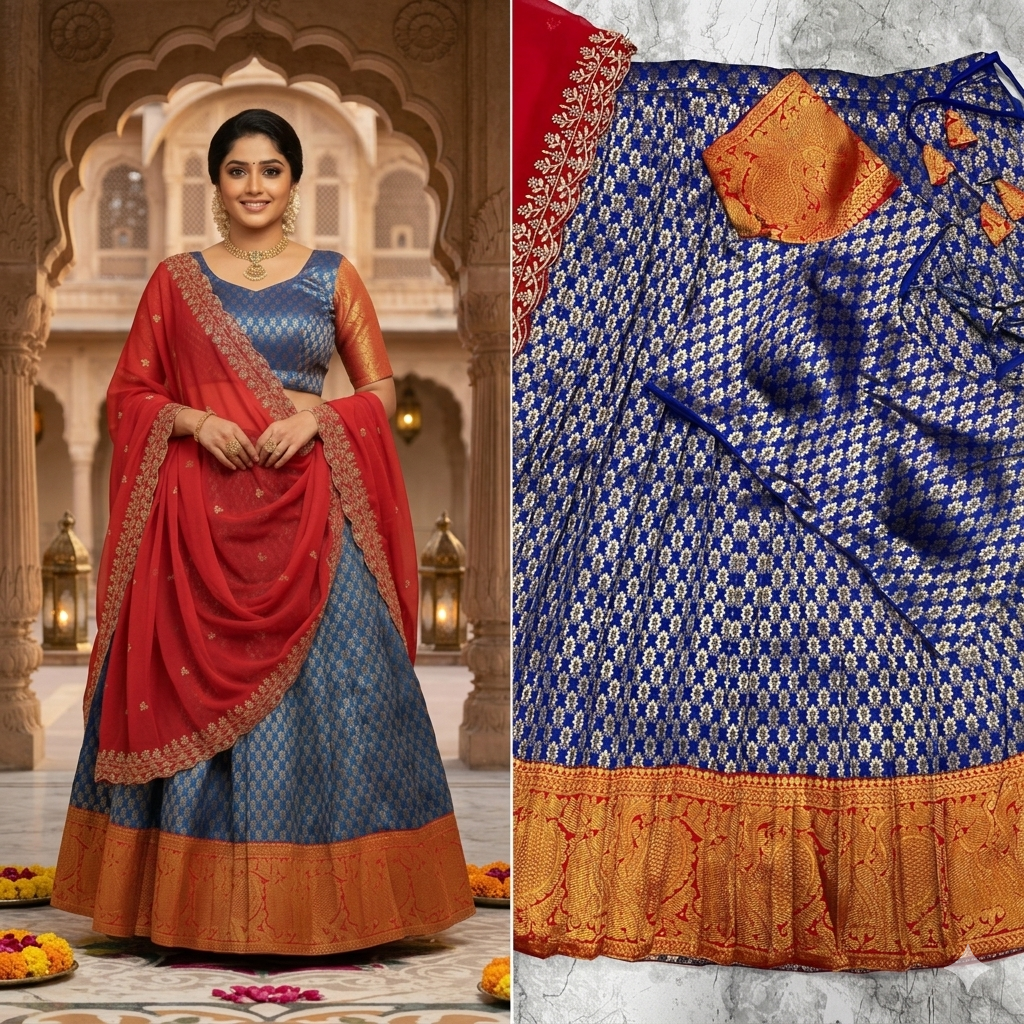 Royal Blue Banarasi Silk Lehenga with Rich Gold Zari & Crimson Red Dupatta