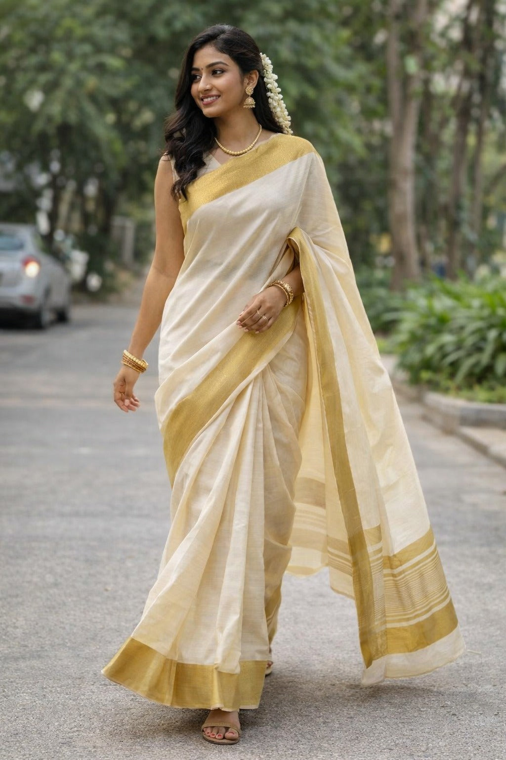 Cotton Saree with Golden Zari Border