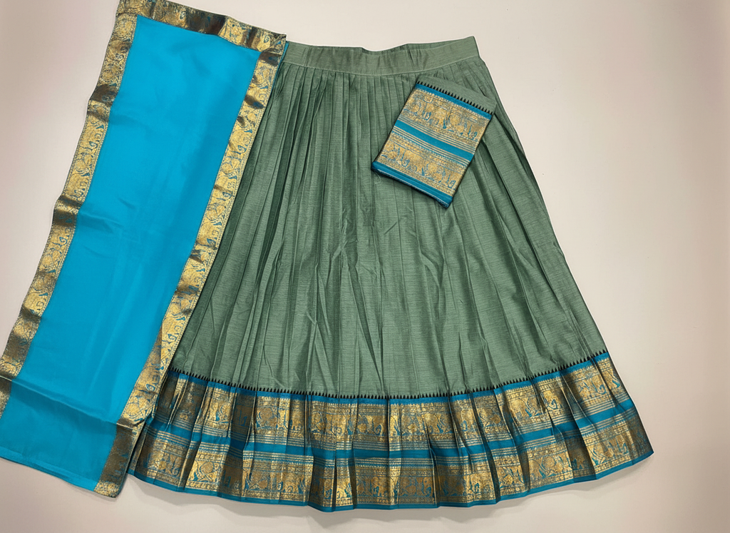 Sage Green and Cyan Blue Silk Pattu Pavadai Set with Traditional Gold Zari Border