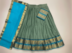 Sage Green and Cyan Blue Silk Pattu Pavadai Set with Traditional Gold Zari Border