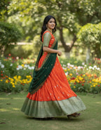 Traditional Orange and Green Pattu Half Saree Set with Silver Butti Work