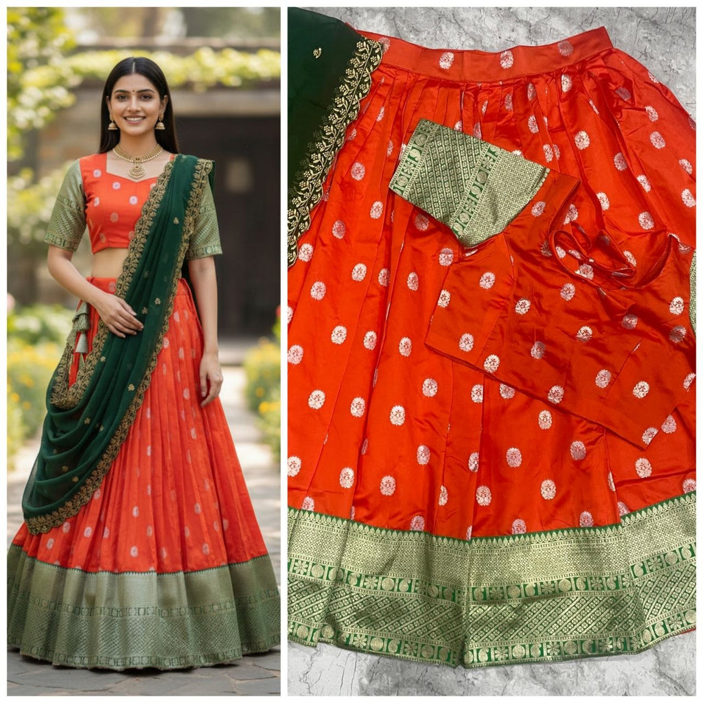 Traditional Orange and Green Pattu Half Saree Set with Silver Butti Work
